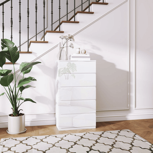 HOMCOM Cómoda com 5 Gavetas de Madeira Cómoda de Dormitório Cómoda Branca para Sala de Estar Estilo Moderno 55x33x100 cm Branco Brilhante HOMCOM Cómoda com 5 Gavetas de Madeira Cómoda de Dormitório Cómoda Branca para Sala de Estar Estilo Moderno 55x33x100 cm Branco Brilhante