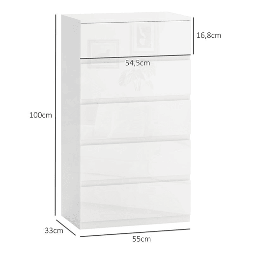 HOMCOM Cómoda com 5 Gavetas de Madeira Cómoda de Dormitório Cómoda Branca para Sala de Estar Estilo Moderno 55x33x100 cm Branco Brilhante HOMCOM Cómoda com 5 Gavetas de Madeira Cómoda de Dormitório Cómoda Branca para Sala de Estar Estilo Moderno 55x33x100 cm Branco Brilhante