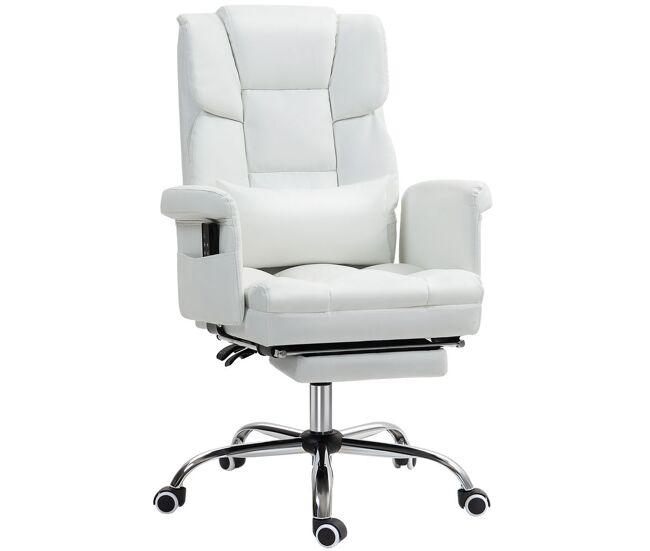 Homcom silla de oficina con 6 puntos de masaje vibratorio silla de escritorio giratoria ergonómica con reposapiés retráctil altura ajustable control remoto y soporte lumbar tejido de pu blanco