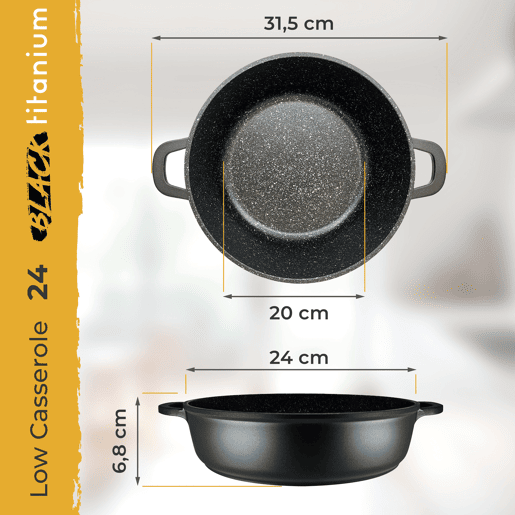 Briebe Black Titanium Panela Baixa Indução Antiaderente Titânio 24cm, Alumínio Fundido Sem PFOA, Tampa de Vidro, , Preto