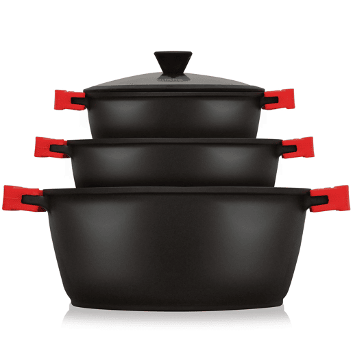 Briebe BLACKT3 Trem de Cozinha Indução 6 Peças, Alumínio Fundido, Antiaderente Titânio,3 Panelas con Tampa de Vidro, , Preto Briebe BLACKT3 Trem de Cozinha Indução 6 Peças, Alumínio Fundido, Antiaderente Titânio,3 Panelas con Tampa de Vidro, , Preto
