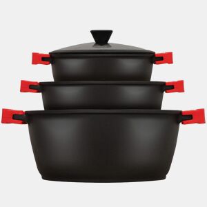 Briebe BLACKT3 Trem de Cozinha Indução 6 Peças, Alumínio Fundido, Antiaderente Titânio,3 Panelas con Tampa de Vidro, , Preto
