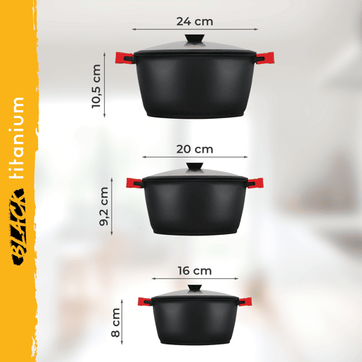 Briebe BLACKT3 Trem de Cozinha Indução 6 Peças, Alumínio Fundido, Antiaderente Titânio,3 Panelas con Tampa de Vidro, , Preto Briebe BLACKT3 Trem de Cozinha Indução 6 Peças, Alumínio Fundido, Antiaderente Titânio,3 Panelas con Tampa de Vidro, , Preto