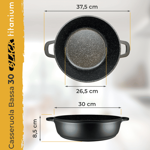 Briebe Black Titanium Panela Baixa Indução Antiaderente Titânio 30cm, Alumínio Fundido Sem PFOA, Tampa de Vidro, , Preto