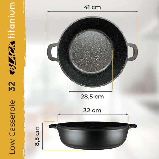 Briebe Black Titanium Panela Baixa Indução Antiaderente Titânio 32cm, Alumínio Fundido Sem PFOA, Tampa de Vidro, , Preto