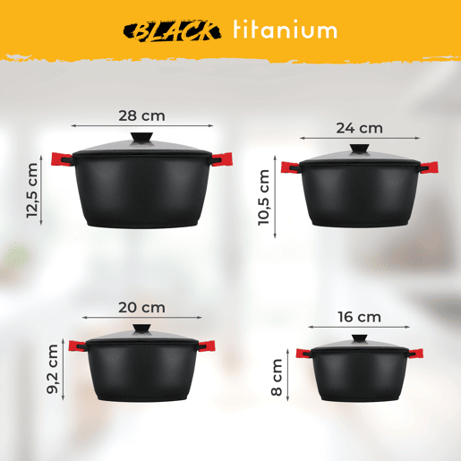 Briebe BLACKT4 Trem de Cozinha Indução 8 Peças, Alumínio Fundido, Antiaderente Titânio,4 Panelas con Tampa de Vidro, , Preto Briebe BLACKT4 Trem de Cozinha Indução 8 Peças, Alumínio Fundido, Antiaderente Titânio,4 Panelas con Tampa de Vidro, , Preto