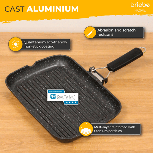 Briebe GP1160 Frigideira de Grelha Indução, Antiaderente em Titânio, 34x24 cm, Alumínio Fundido sem PFOA, Cabo Dobrável, ,