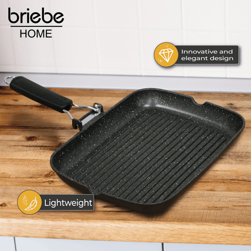Briebe GP1160 Frigideira de Grelha Indução, Antiaderente em Titânio, 34x24 cm, Alumínio Fundido sem PFOA, Cabo Dobrável, ,