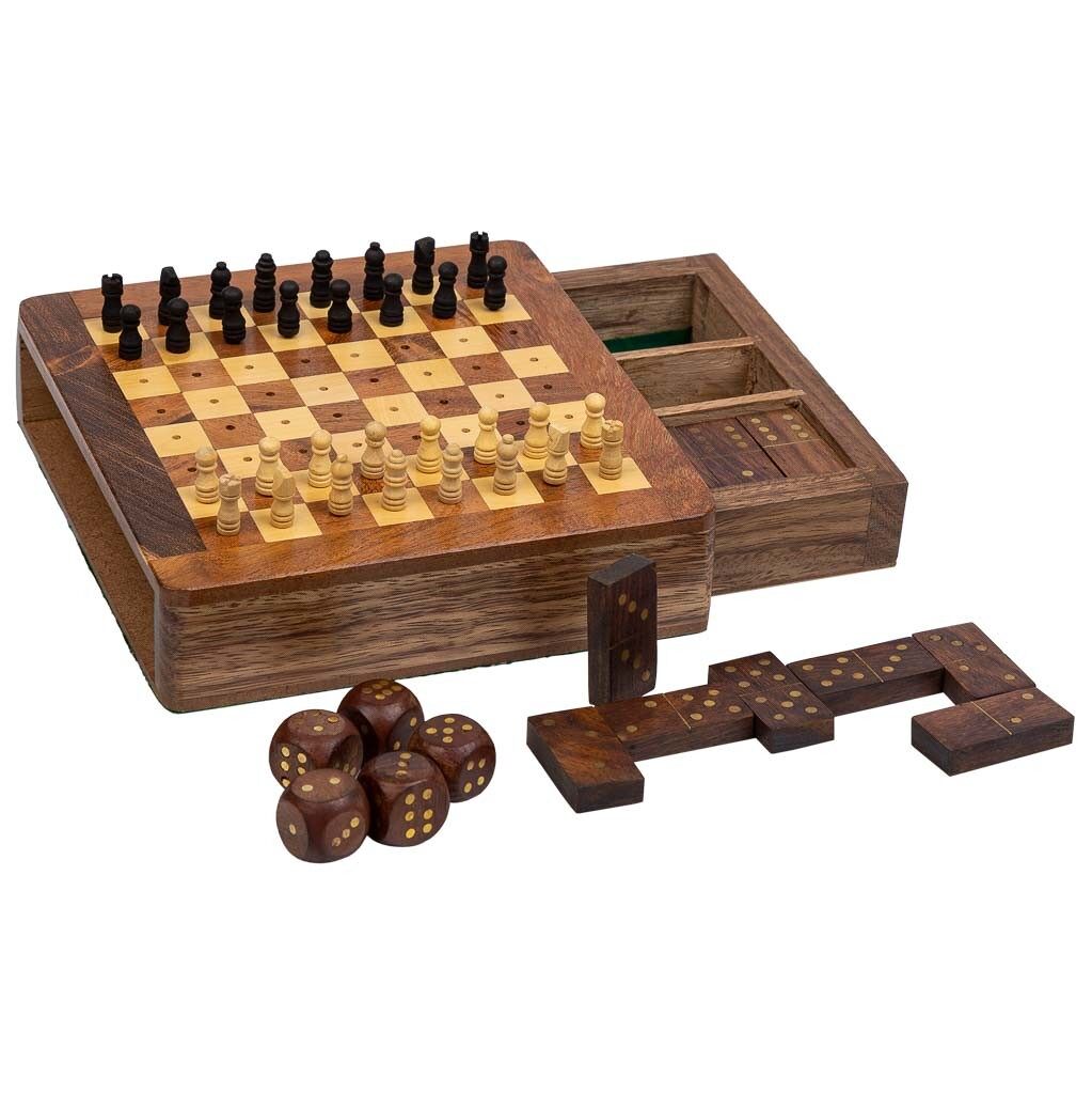 Juego 3/11 (ajedrez+dominó+dados) en caja de madera marrón 15.5x16x3.