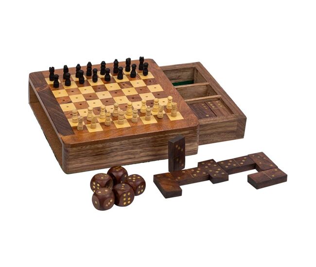 Juego 3/11 (ajedrez+dominó+dados) en caja de madera marrón 15.5x16x3.