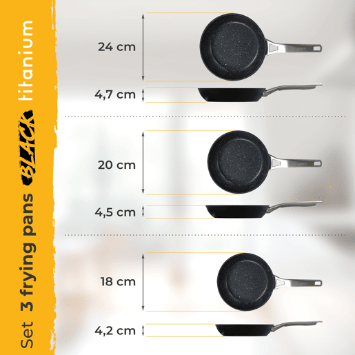 Briebe Black Titanium Conjunto de 3 Frigideiras Indução Antiaderentes Titânio 18-20-24cm, Alumínio Forjado sem PFOA, , Preto