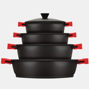 Briebe BLACKT4B Trem de Cozinha Indução 8 Peças, Alumínio Fundido, Antiaderente Titânio,4 Panelas con Tampa de Vidro, , Preto