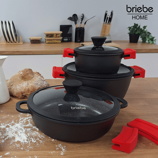 Briebe BLACKT4B Trem de Cozinha Indução 8 Peças, Alumínio Fundido, Antiaderente Titânio,4 Panelas con Tampa de Vidro, , Preto