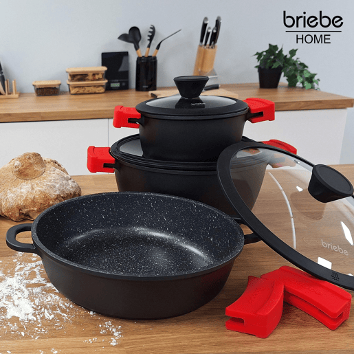 Briebe BLACKT4B Trem de Cozinha Indução 8 Peças, Alumínio Fundido, Antiaderente Titânio,4 Panelas con Tampa de Vidro, , Preto