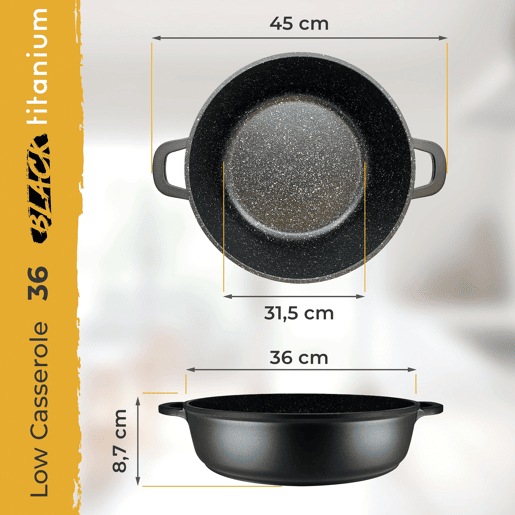 Briebe Black Titanium Panela Baixa Indução Antiaderente Titânio 36cm, Alumínio Fundido Sem PFOA, Tampa de Vidro, , Preto