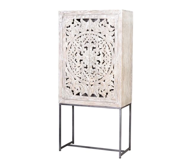 Vitrina madera mango, patas metal blanco y gris envejecido blanco.giner y colomer 176x38x85