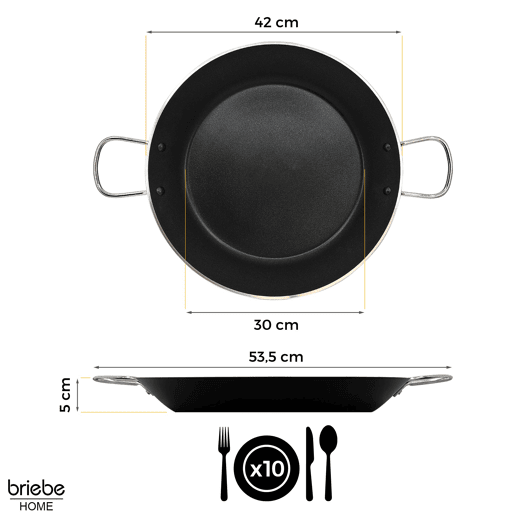Briebe Zafrán Paella Panela Indução, 42 cm, 9-10 Porções, Anti-aderente Ecológico PFOA-Free Alumínio Prensado, Vitrocerâmica, , Preto