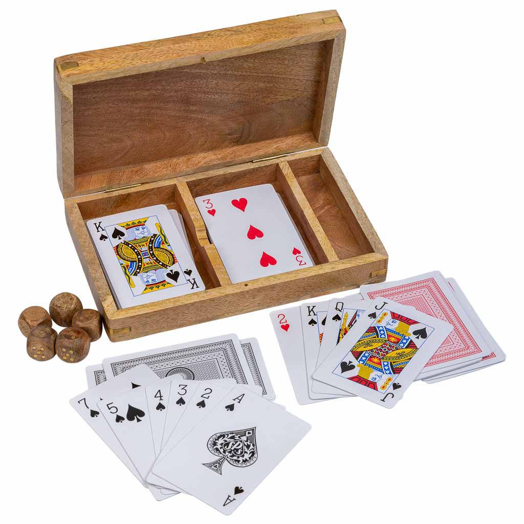 Juego 2 en 1 (cartas+dados) en caja de madera