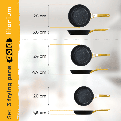 Briebe Gold Titanium Conjunto de 3 Frigideiras Indução Antiaderentes Titânio 20-24-28cm, Alumínio Forjado sem PFOA, , Preto Briebe Gold Titanium Conjunto de 3 Frigideiras Indução Antiaderentes Titânio 20-24-28cm, Alumínio Forjado sem PFOA, , Preto