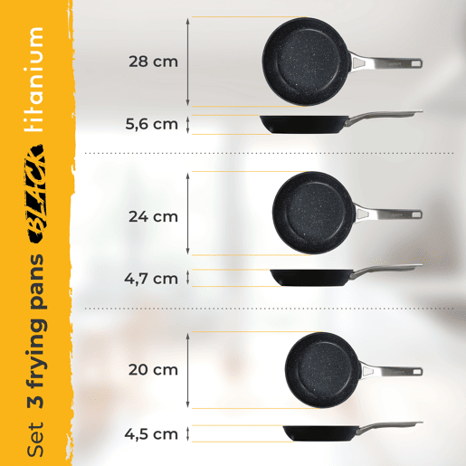 Briebe Black Titanium Conjunto de 3 Frigideiras Indução Antiaderentes Titânio 20-24-28cm, Alumínio Forjado sem PFOA, , Preto