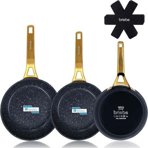 Briebe Gold Titanium Conjunto de 3 Frigideiras Indução Antiaderentes Titânio 18-20-24cm, Alumínio Forjado sem PFOA, , Preto