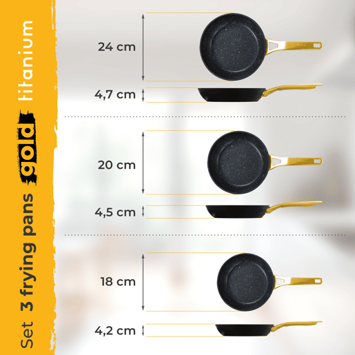 Briebe Gold Titanium Conjunto de 3 Frigideiras Indução Antiaderentes Titânio 18-20-24cm, Alumínio Forjado sem PFOA, , Preto
