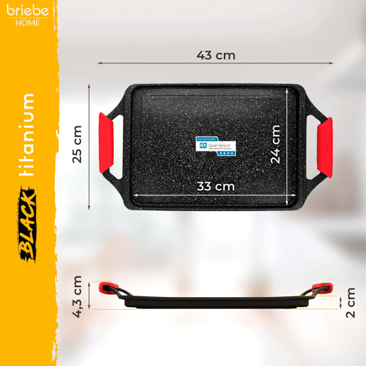 Briebe Black Titanium Grelhador para Cozinha Indução, Antiaderente de Titânio sem PFOA, Alumínio Fundido 43x25cm, , Preto