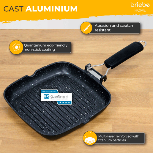 Briebe GP1158 Frigideira de Grelha Indução, Antiaderente em Titânio, 24x24 cm, Alumínio Fundido sem PFOA, Cabo Dobrável, , Preto