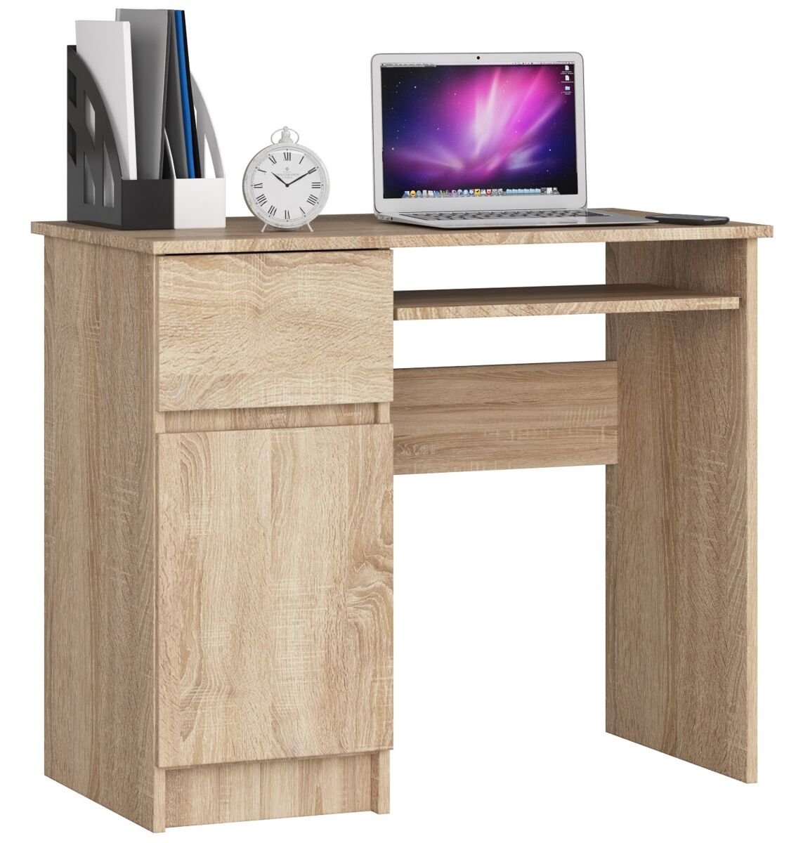 Escritorio de ordenador akord piksel roble sonoma 90 cm izquierda 1 puerta 1 cajón color roble sonoma mate 3 estantes 90x50x77 cm