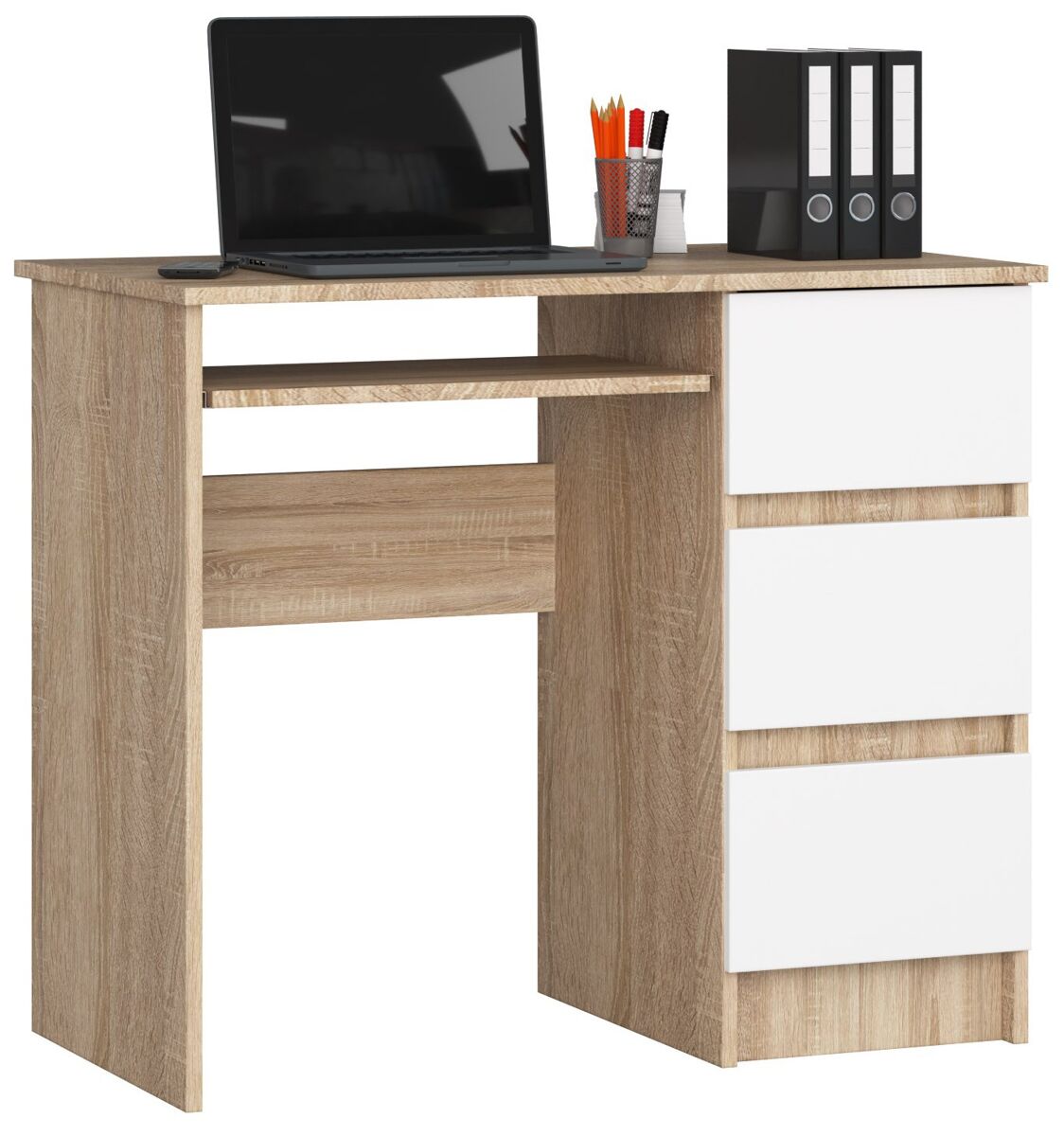 Escritorio de ordenador akord a6 roble sonoma de 90 cm con 3 cajones a la derecha color blanco mate 1 estante 90x50x77 cm