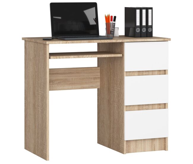 Escritorio de ordenador akord a6 roble sonoma de 90 cm con 3 cajones a la derecha color blanco mate 1 estante 90x50x77 cm