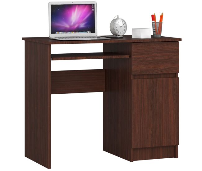 Escritorio de ordenador akord piksel wenge de 90 cm con lado derecho con 1 puerta 1 cajón frente en color wenge 3 estantes de 90x50x77 cm