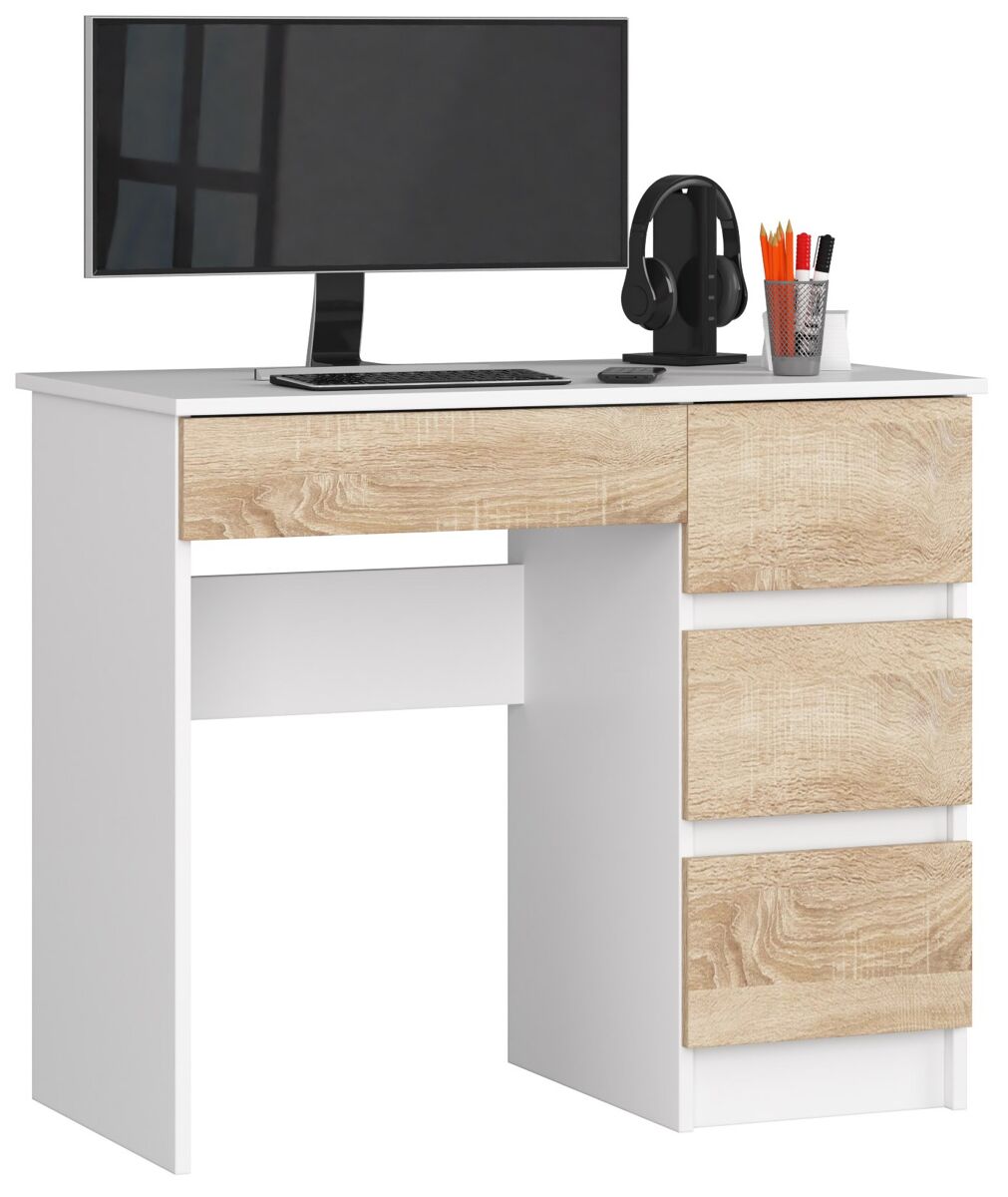 Escritorio de ordenador akord a7 blanco 90 cm con lado derecho 4 cajones frente en color roble sonoma 90x50x77 cm