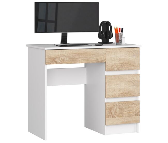 Escritorio de ordenador akord a7 blanco 90 cm con lado derecho 4 cajones frente en color roble sonoma 90x50x77 cm
