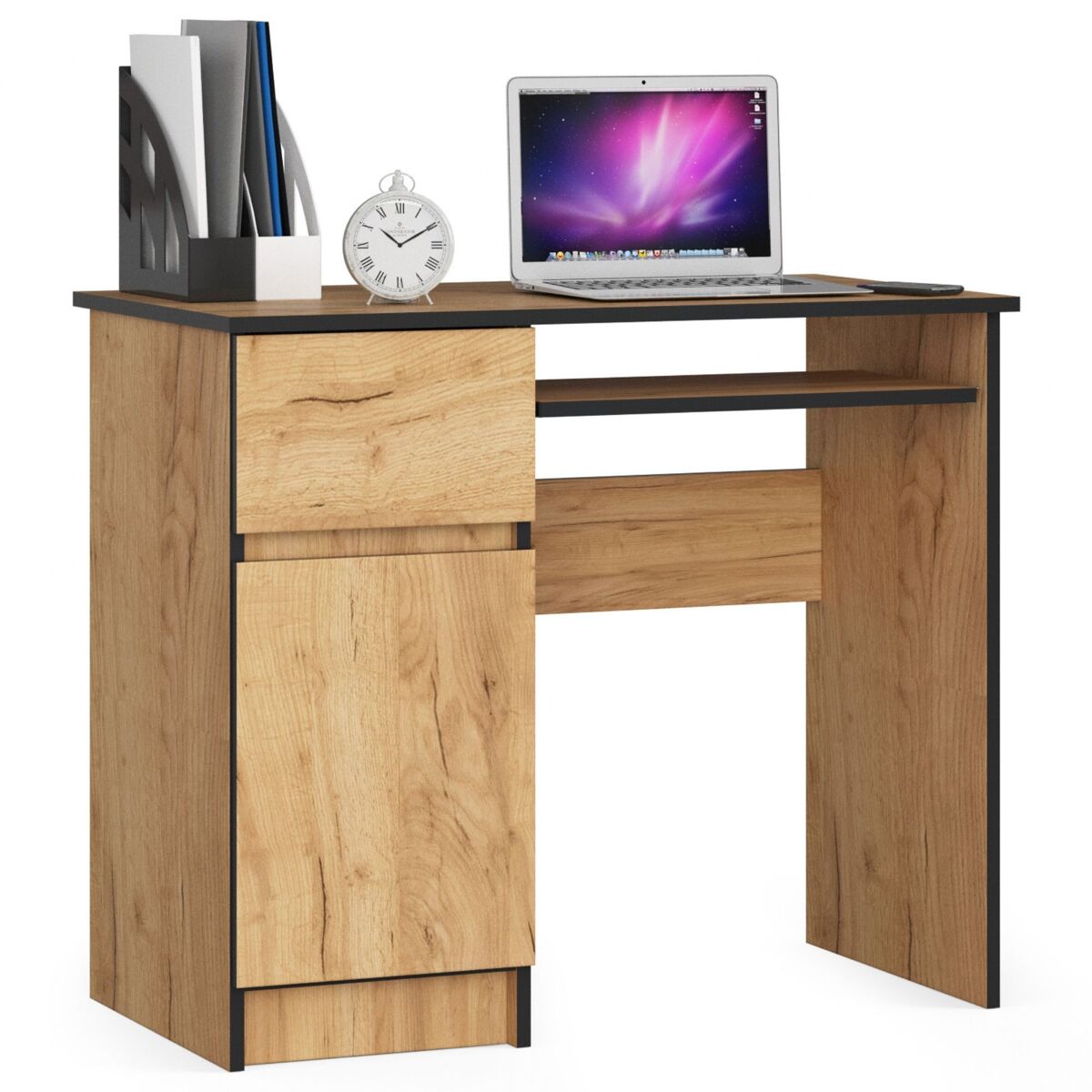 Escritorio de ordenador akord piksel roble craft 90 cm con lado izquierdo 1 puerta 1 cajón frente en color roble craft 3 estantes 90x50x77 cm