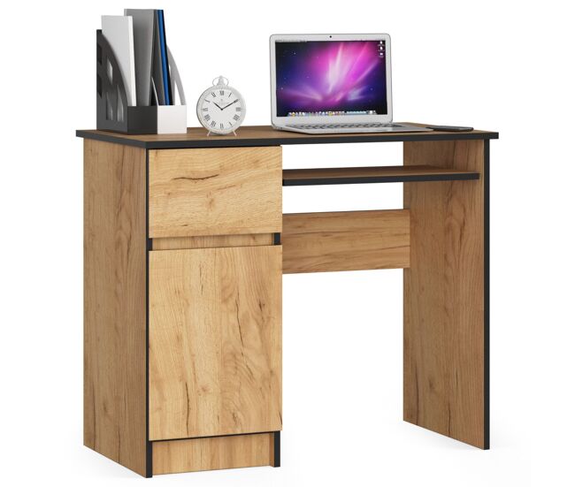 Escritorio de ordenador akord piksel roble craft 90 cm con lado izquierdo 1 puerta 1 cajón frente en color roble craft 3 estantes 90x50x77 cm