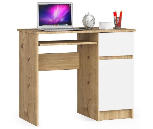 Escritorio de ordenador akord piksel roble artisan de 90 cm con 1 puerta derecha, 1 cajón, color blanco mate, 3 estantes, 90x50x77 cm.