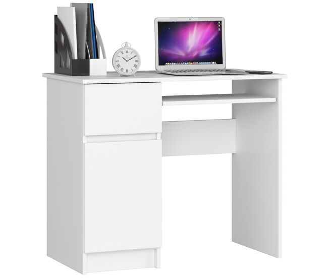 Escritorio de ordenador akord piksel blanco 90 cm con lado izquierdo 1 puerta 1 cajón frente en color blanco 3 estantes 90x50x77 cm