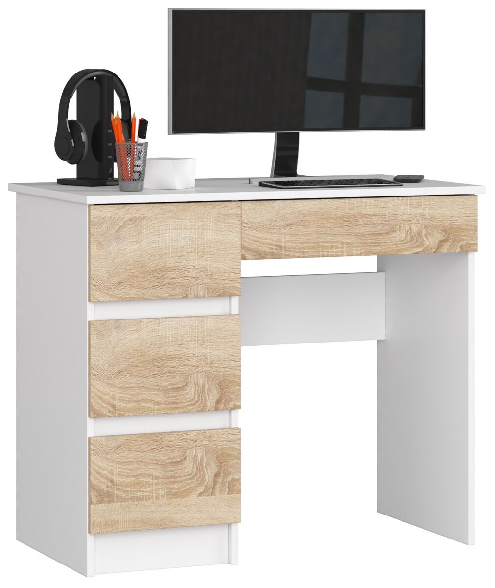 Escritorio de ordenador AKORD A7 izquierda 4 cajones 90x50 Blanco/ Madera