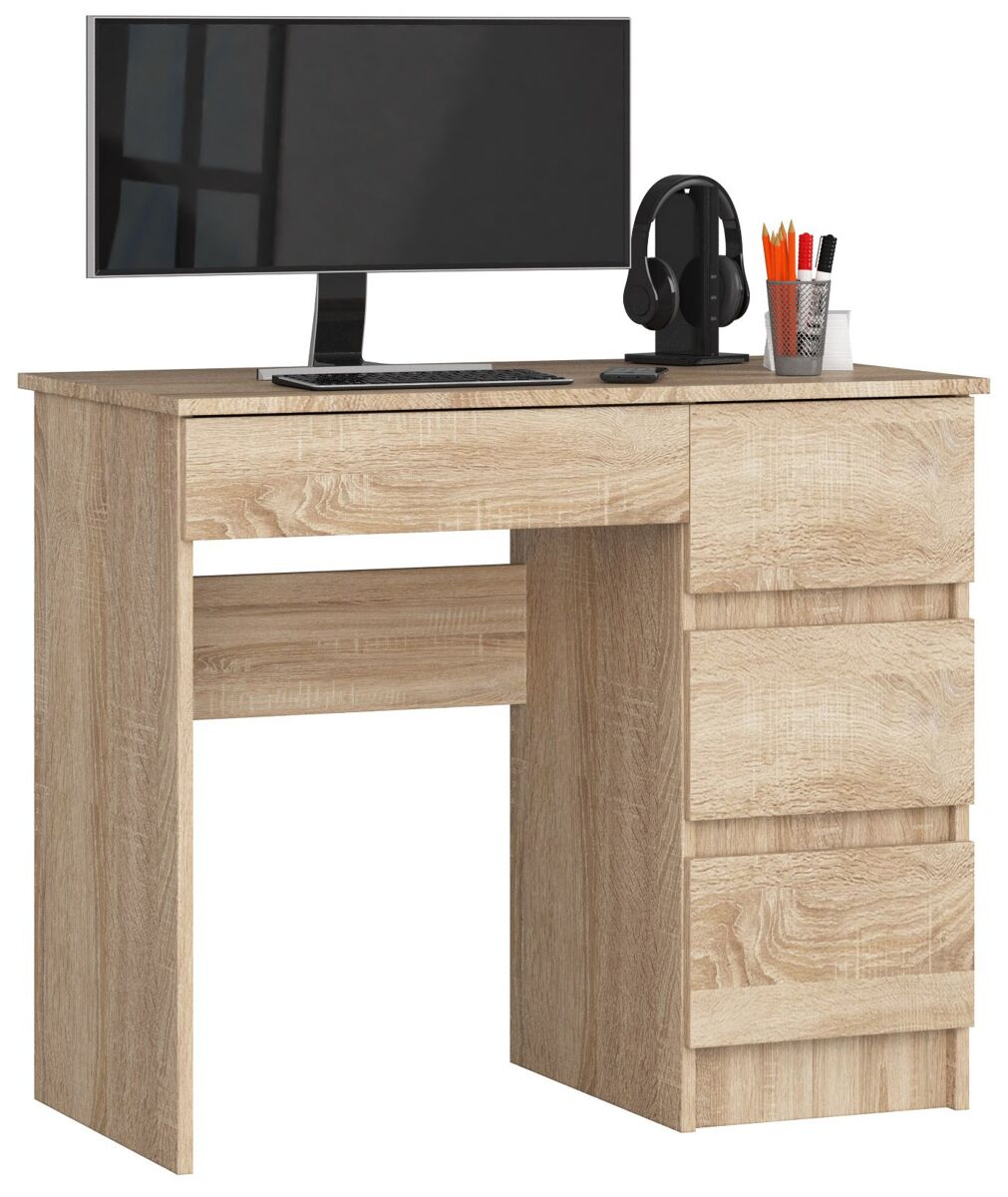 Escritorio de ordenador akord a7 roble sonoma 90 cm con lado derecho 4 cajones frente en color roble sonoma 90x50x77 cm