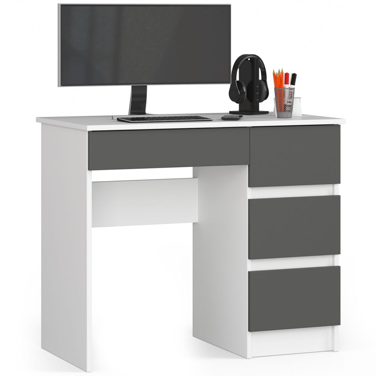 Escritorio de ordenador akord a7 blanco 90 cm derecho 4 cajones color grafito gris mate 90x50x77 cm