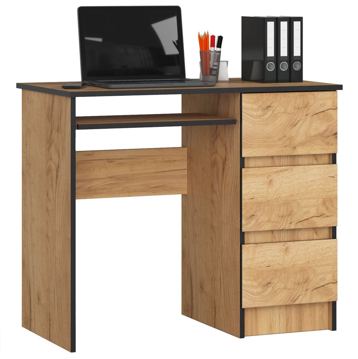 Escritorio de computadora akord a6 roble craft 90 cm derecho 3 cajones color roble craft mate 1 estante 90x50x77 cm