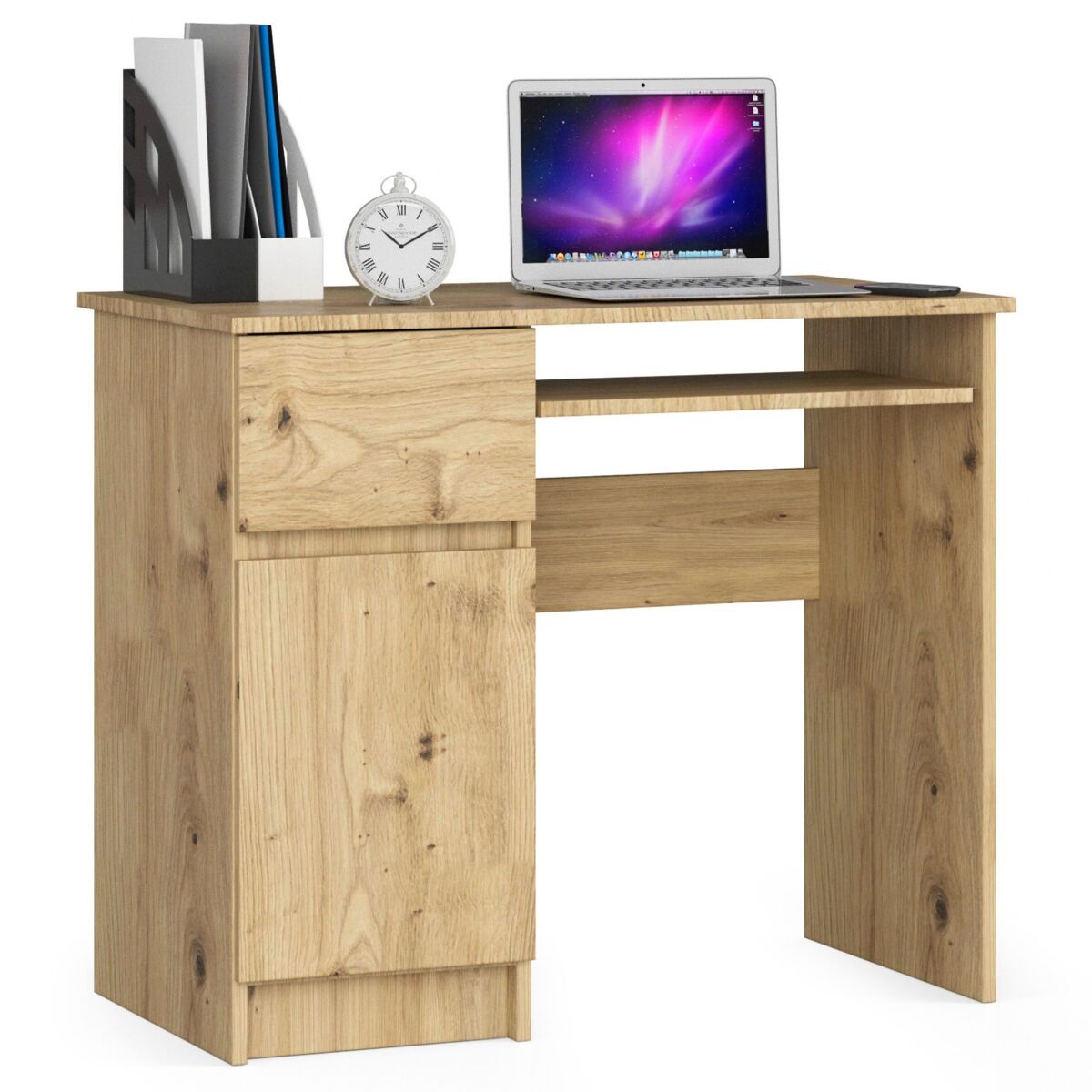 Escritorio de ordenador akord piksel roble artisan de 90 cm izquierda 1 puerta 1 cajón color roble artisan mate 3 estantes 90x50x77 cm
