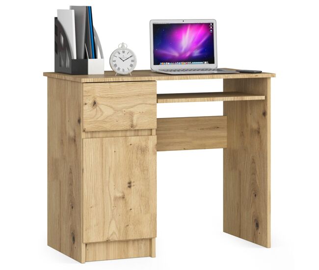 Escritorio de ordenador akord piksel roble artisan de 90 cm izquierda 1 puerta 1 cajón color roble artisan mate 3 estantes 90x50x77 cm