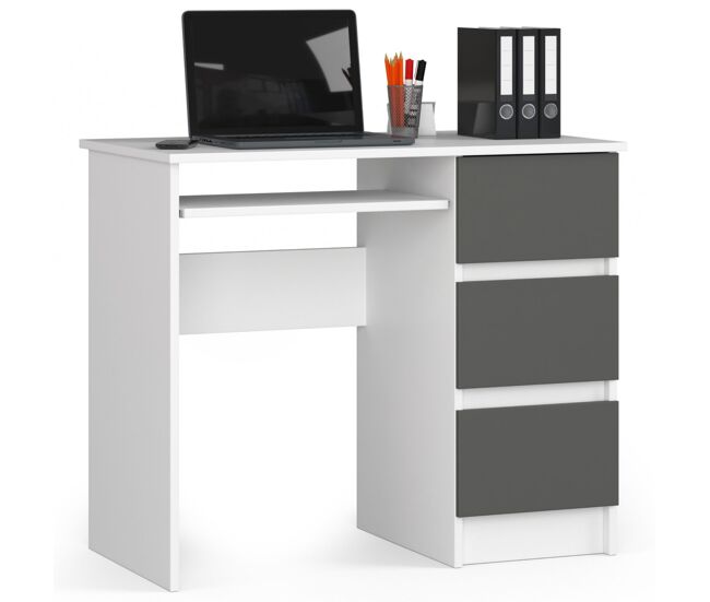 Escritorio de ordenador akord a6 blanco 90 cm con lado derecho 3 cajones frente en color grafito gris 1 estante 90x50x77 cm