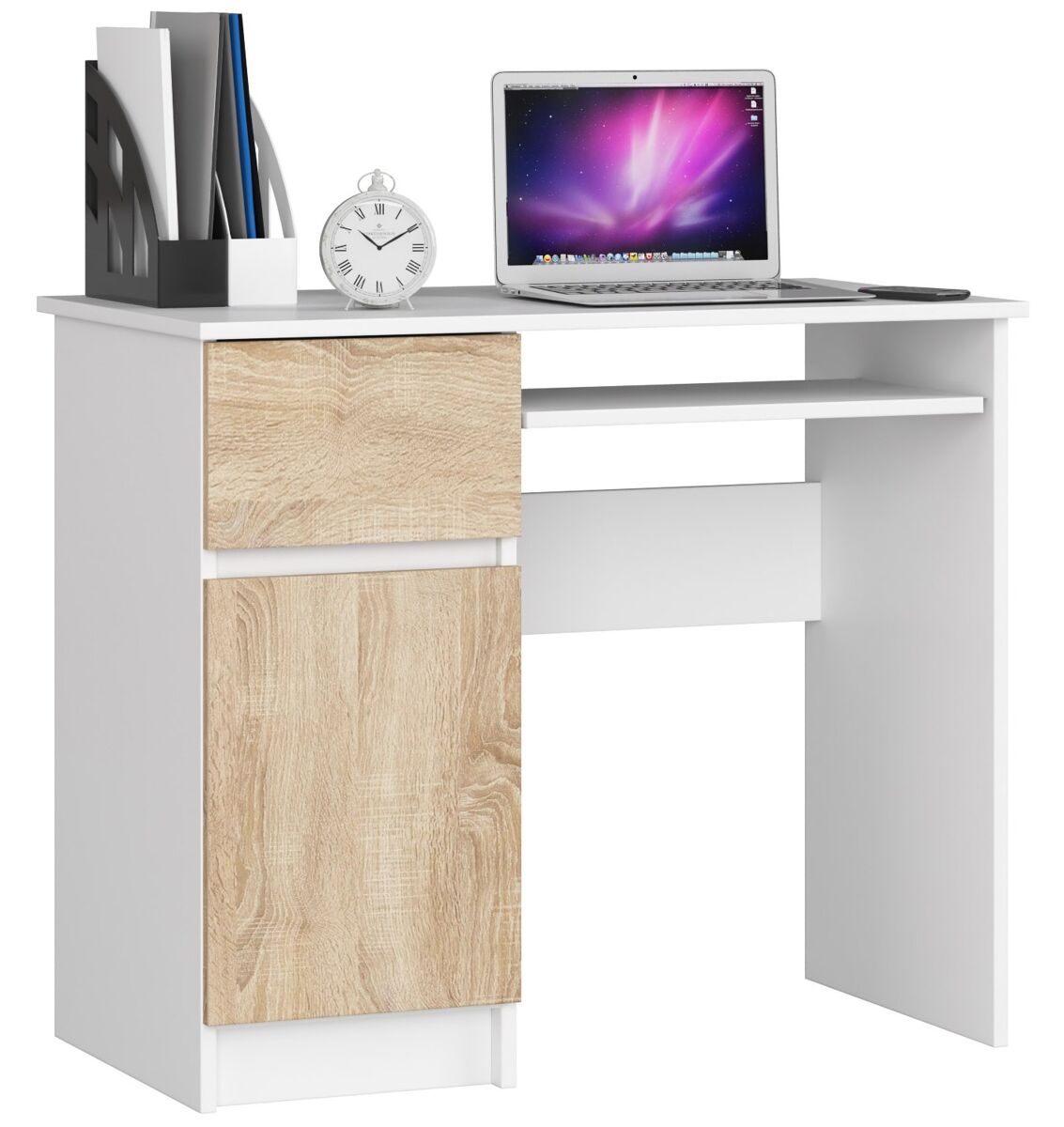 Escritorio de ordenador AKORD PIKSEL izquierda 1 cajón 90x50 Natural/ Blanco