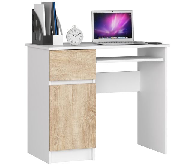 Escritorio de ordenador akord piksel blanco 90 cm izquierda 1 puerta 1 cajón color roble sonoma mate 3 estantes 90x50x77 cm