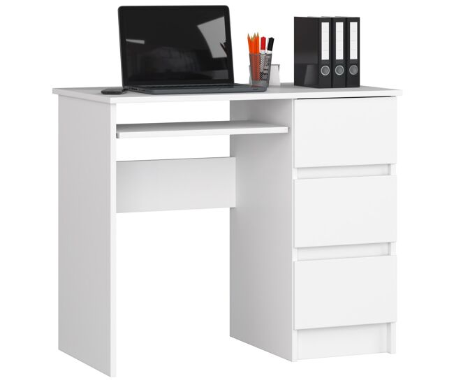Escritorio de ordenador akord a6 blanco 90 cm derecho 3 cajones color blanco mate 1 estante 90x50x77 cm