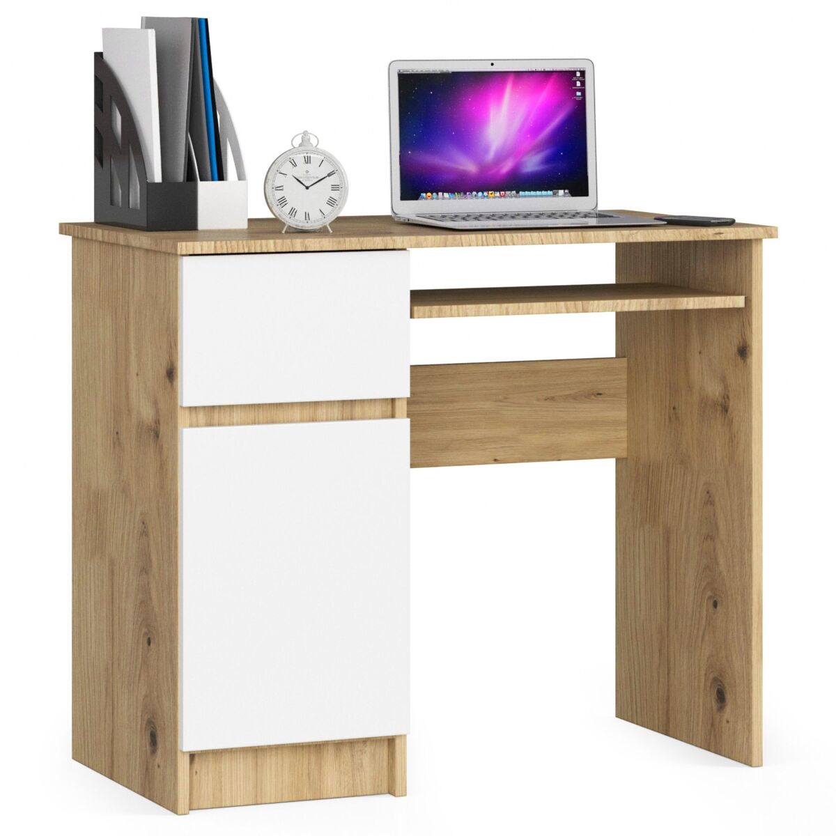 Escritorio de ordenador akord piksel roble artisan 90 cm izquierda 1 puerta 1 cajón color blanco mate 3 estantes 90x50x77 cm