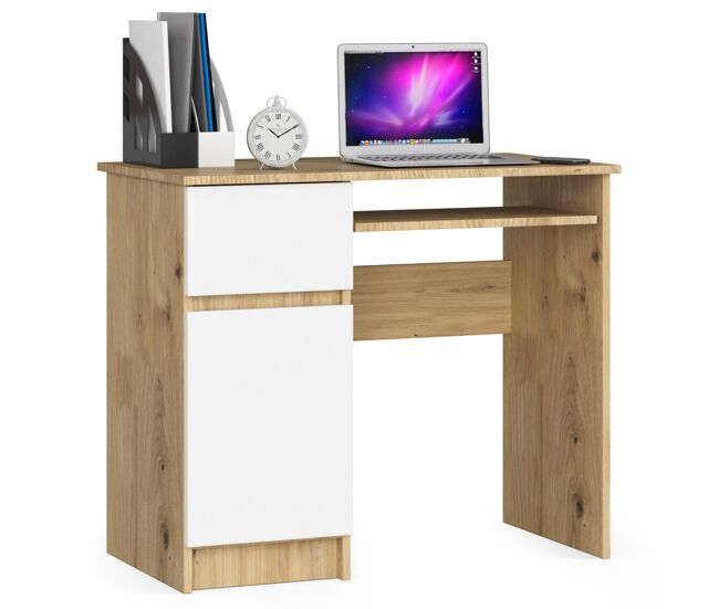 Escritorio de ordenador akord piksel roble artisan 90 cm izquierda 1 puerta 1 cajón color blanco mate 3 estantes 90x50x77 cm
